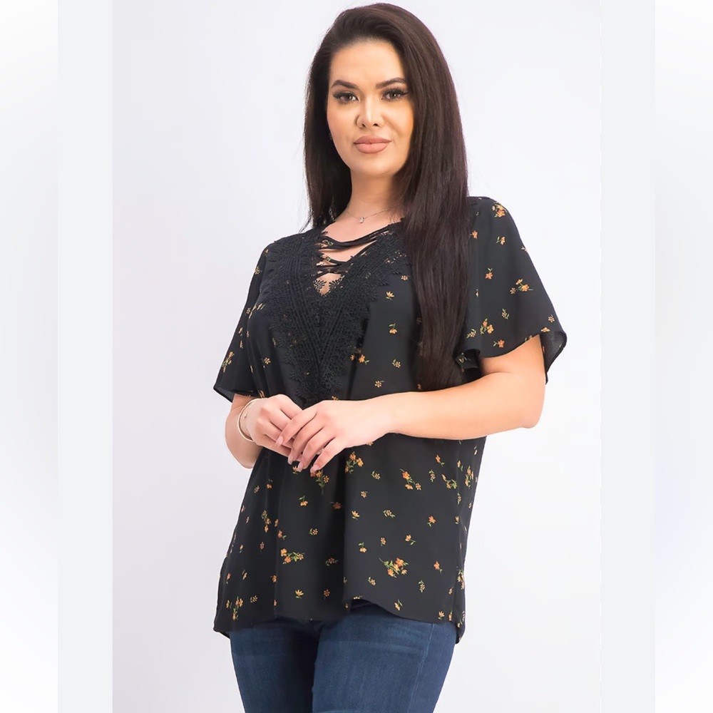 Nine Britton Jasmyn lace up front orange floral blouse